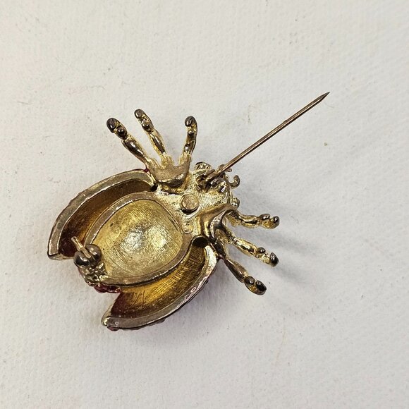 Gold Tone Red Crystal Ladybug Brooch Green Rhinestone Eyes Unmarked Pin - Picture 4 of 8